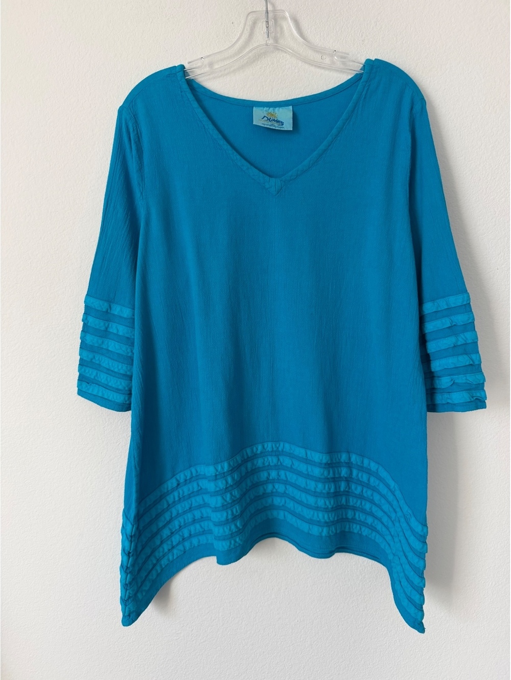 Dunes 3/4 Sleeve V-Neck 100% Cotton Blue Sharkbite Boho Tunic Blouse Size S